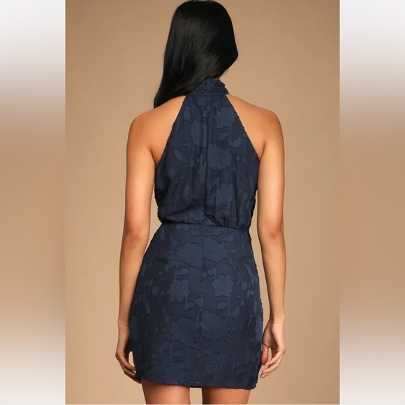 Lulus Chic Demeanor Navy Blue Floral Jacquard Halter Mini Dress - Picture 3 of 6